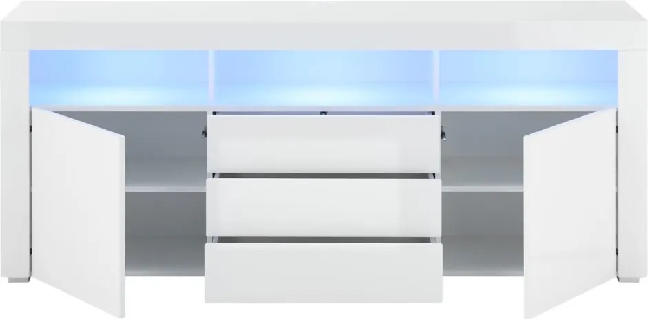 Široká TV skrinka Leeds, biela lesk, s osvetlením