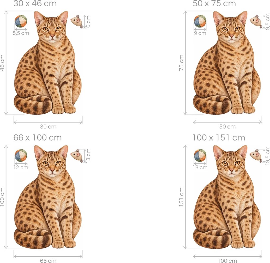 Mačka ocicat s loptičkou a myškou škvrnité mačacie nálepky na stenu do obývačky arch 30 x 46 cm