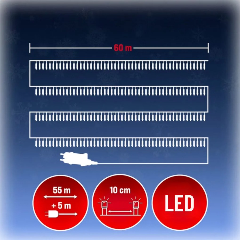 Vianočná svetelná reťaz SIMPLE, 60m, studená biela Monzana