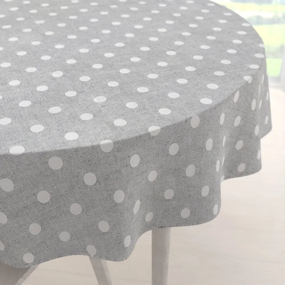 Biante Dekoračný okrúhly obrus Porto PRT-018 Biele bodky na sivom režnom Ø 130 cm
