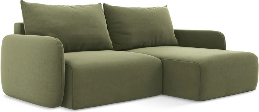 Zelená zamatová rozkladacia/s úložným priestorom rohová pohovka (pravý roh/s leňoškou) Kalena – Makamii