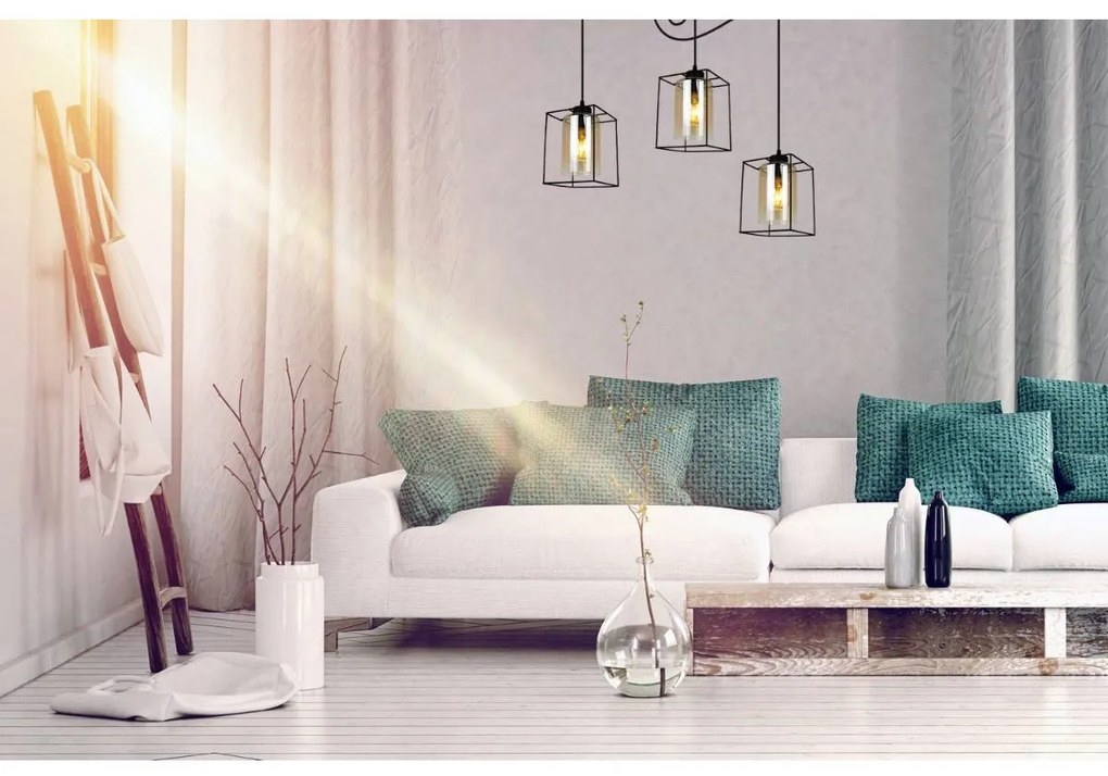 Závesné svietidlo Hella Cage Spider, 3x medové sklenené tienidlo v kovovom ráme