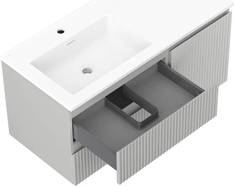Mexen Rivel, kúpeľňová skrinka 100 cm s ľavým umývadlom Otis, 2S, 1D, drážkovaná, sivá matná/biela matná - 91A23-10047-3-BBFFF62-W18L01