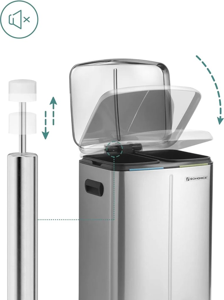 Dvojitý odpadkový kôš, 2 x 20 l kuchynský kôš, strieborná farba