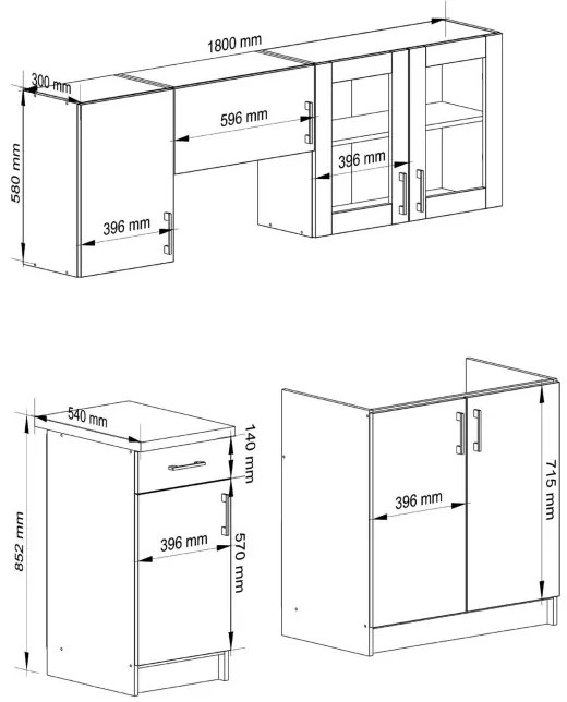 Kuchynská linka LIMA s vitrínou 1.8 m biela / dub sonoma