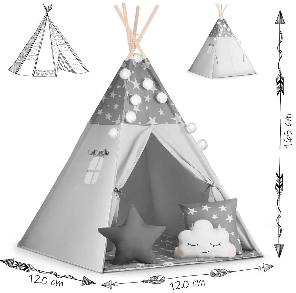 Detský stan teepee s girlandou a svetlami Nukido - sivý s hviezdičkami