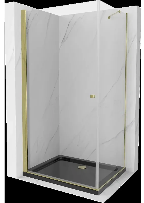 Mexen Pretoria sprchová kabína, kyvné dvere 70 x 100 cm, Transparentné, Zlatá + sprchová vanička Flat, Čierna - 852-070-100-50-0