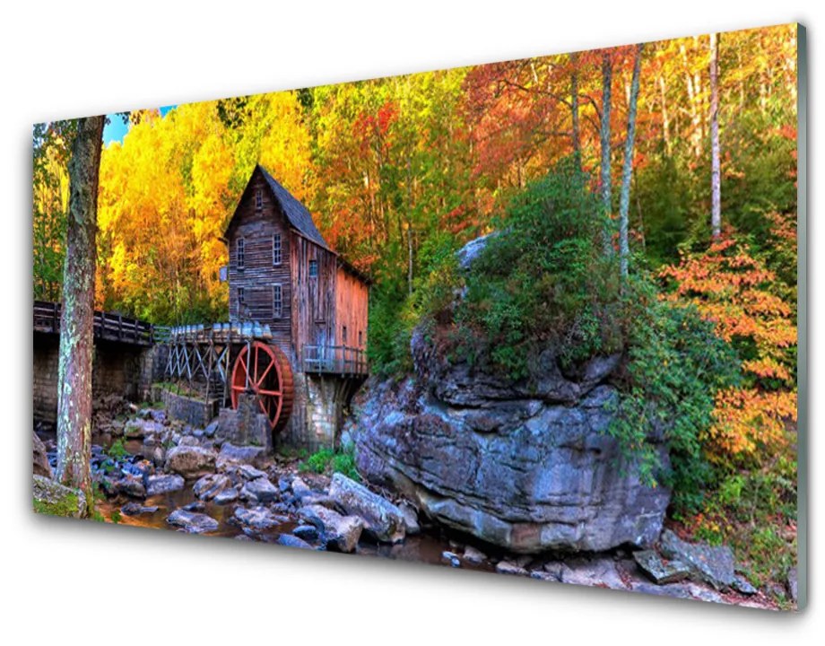 Sklenený obklad Do kuchyne Vodné mlyn jesenné les 100x50 cm