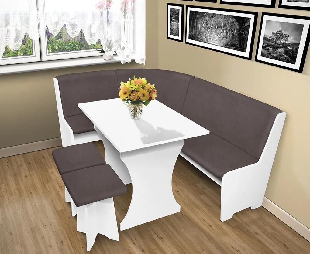 Nabytekmorava Jedálenská rohová lavica sa štokrlemi a stolom farba lamina: biela 113, čalúnenie vo farbe: Alova bordó