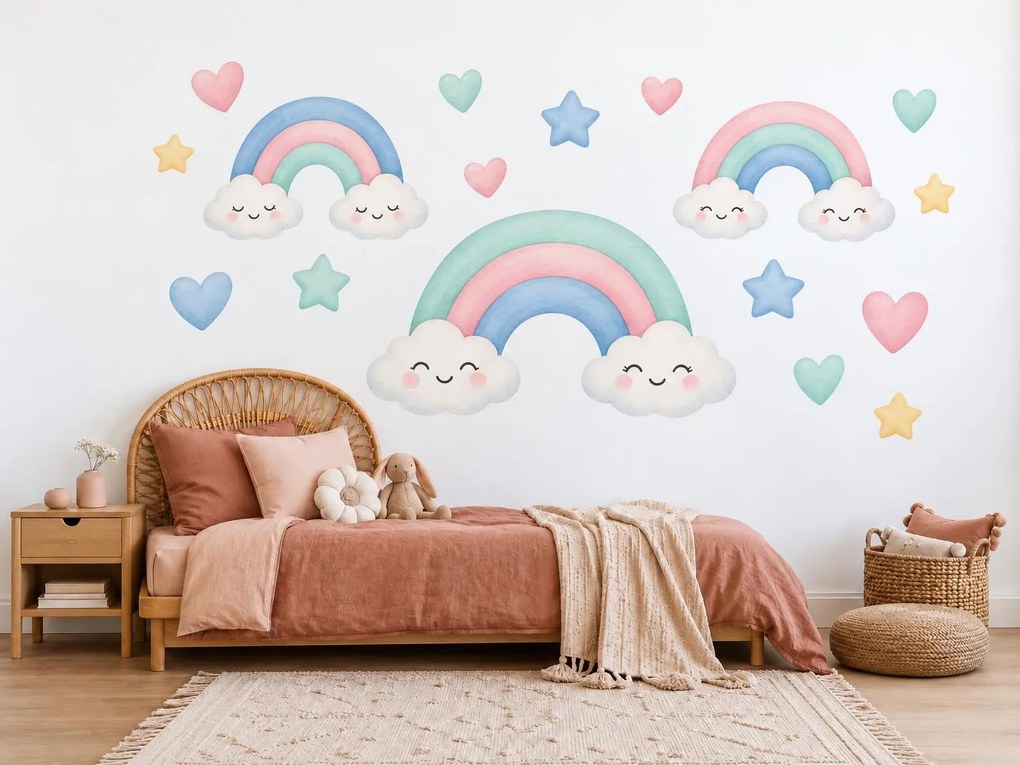 Usmievavé dúhy na oblačikoch pastelové akvarelové nálepky na stenu do izby pre dievčatá aj chlapcov hárok 46 x 34 cm