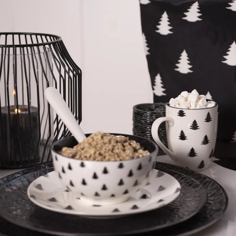 Bielo-čierna porcelánová miska so stromčekmi Beautiful Christmas - Ø 14*7 cm / 500 ml