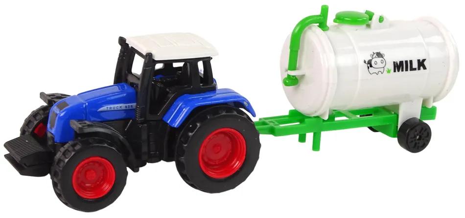 Lean Toys Modrý traktor s cisternou + Ohrada s kravičkou 1:64