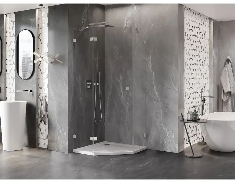 Mexen Lunar, päťuholníkový sprchový kút naklápací doľava 90 x 90 cm, 8mm číre sklo, oceľový profil, 831-090L-090P-97-00-L
