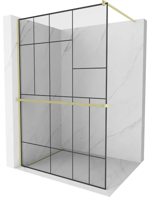 Mexen Kioto+, sprchová zástena Walk-In s poličkou a vešiakom 90 x 200 cm, 8mm číre sklo čierny vzor, zlatý matný profil, 800-090-121-55-78