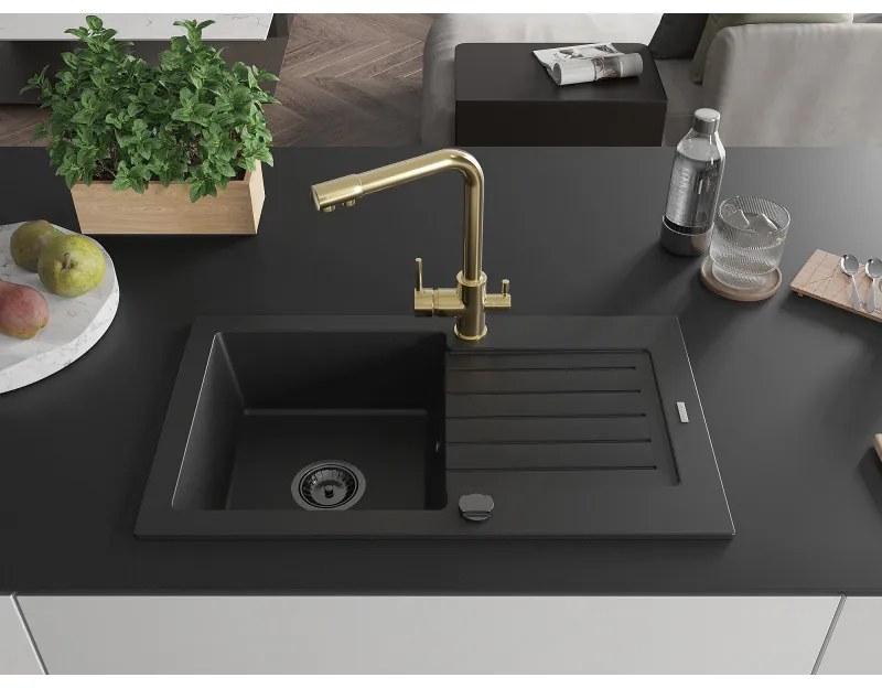 Mexen Pablo, granitový drez 752x436x161 mm, 1-komorový a zlatá batéria Duero, čierna, 6510-77-671600-50-B