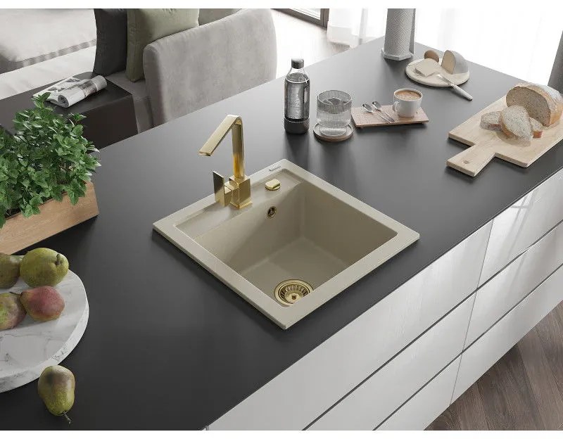 Mexen Vito, 1-komorový granitový drez 520x490x210 mm, zlatá batéria Rita, béžová, 6503-69-670300-50
