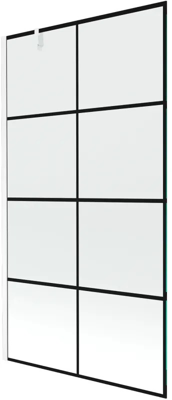 Mexen Next, vaňová zástena 1-krídlová 100 x 150 cm, fixné krídlo, 6 mm číre sklo s čiernym vzorom, biely profil, 895-100-000-00-77-20