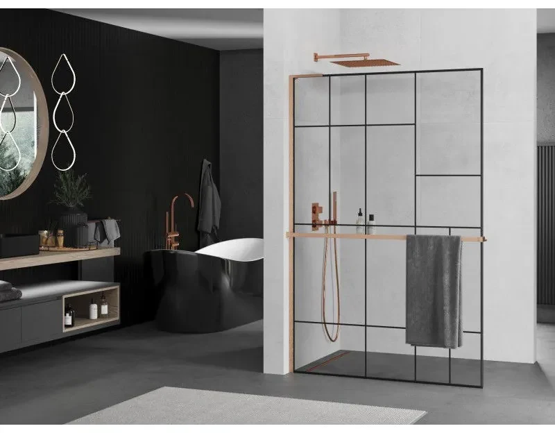 Mexen Kioto+ L, sprchová zástena Walk-In s poličkou a vešiakom 90 x 200 cm, 8mm číre sklo čierny vzor, medený matný profil, 800-090-123-65-78