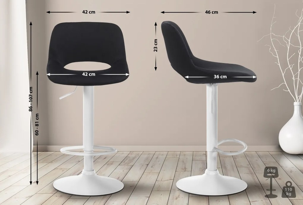 Barová stolička Camden - zamat, biely rám - Čierna