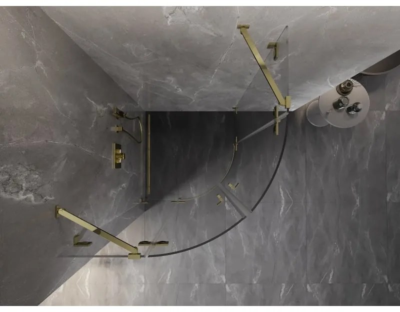 Mexen Lunar, polkruhový výklopný sprchový kút 90 x 90 cm, 8mm číre sklo, zlatý profil, 833-090L-090P-50-00