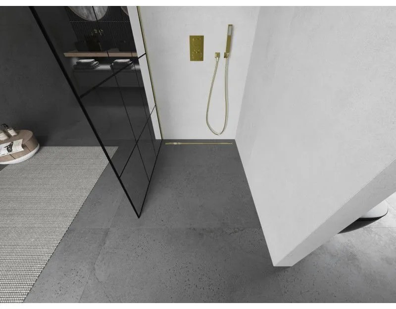 Mexen Kioto L, sprchová zástena Walk-In 120 x 200 cm, 8mm číre sklo čierny vzor, zlatý lesklý profil,800-120-103-50-77