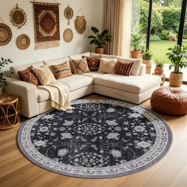 Koberec INKA Floral čierny / sivý kruh