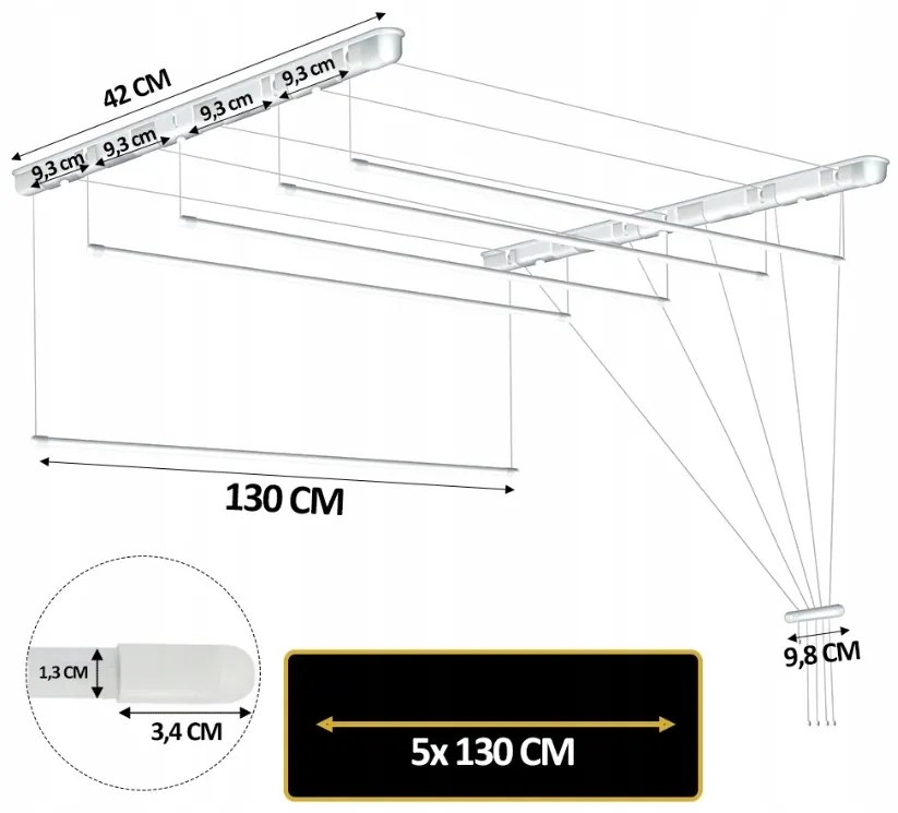Erga Erga, stropný vešiak na sušenie bielizne 5x130 cm, biela, ERG-SEP-10SUSSUF5PP13