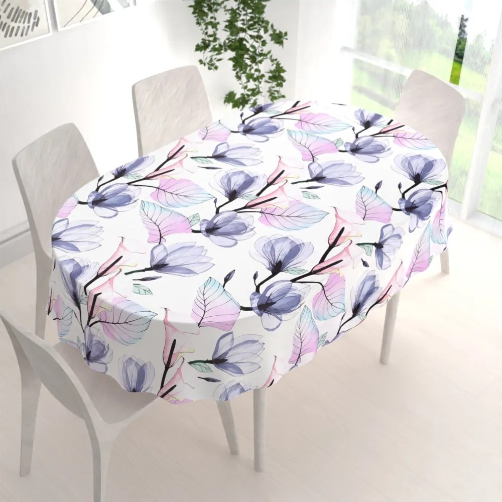 Biante Bavlnený oválny obrus Sandra SA-333 Veľké kvety magnólie a kaly 140x200 cm