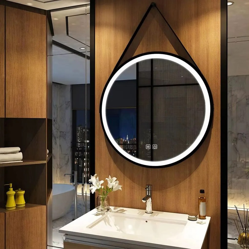 Tutumi Tutumi, okrúhle LED zrkadlo 70cm zavesené na čiernom pásiku, model 104, predné osvetlenie, HOM-02697
