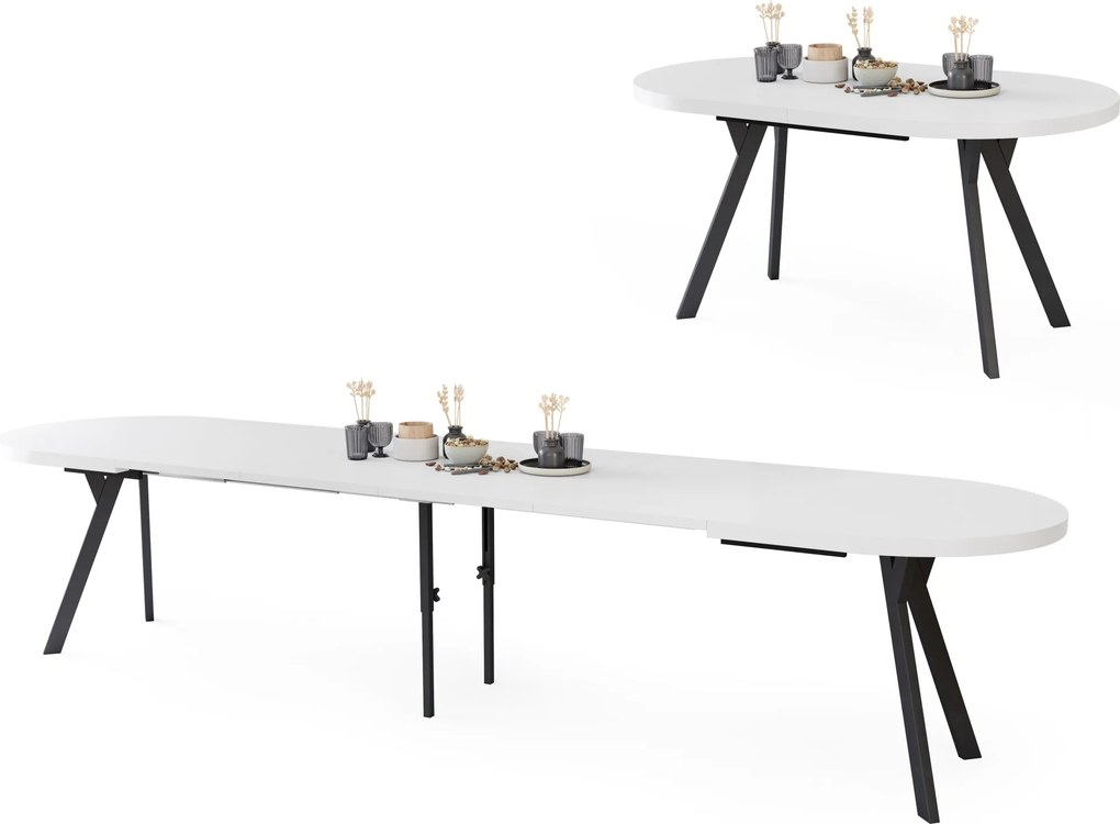 Mazzoni EXPANSO Biely mat / čierne nohy - OVÁLNY ROZKLADACÍ STÔL 160-360 cm PRE 16-18 OSÔB