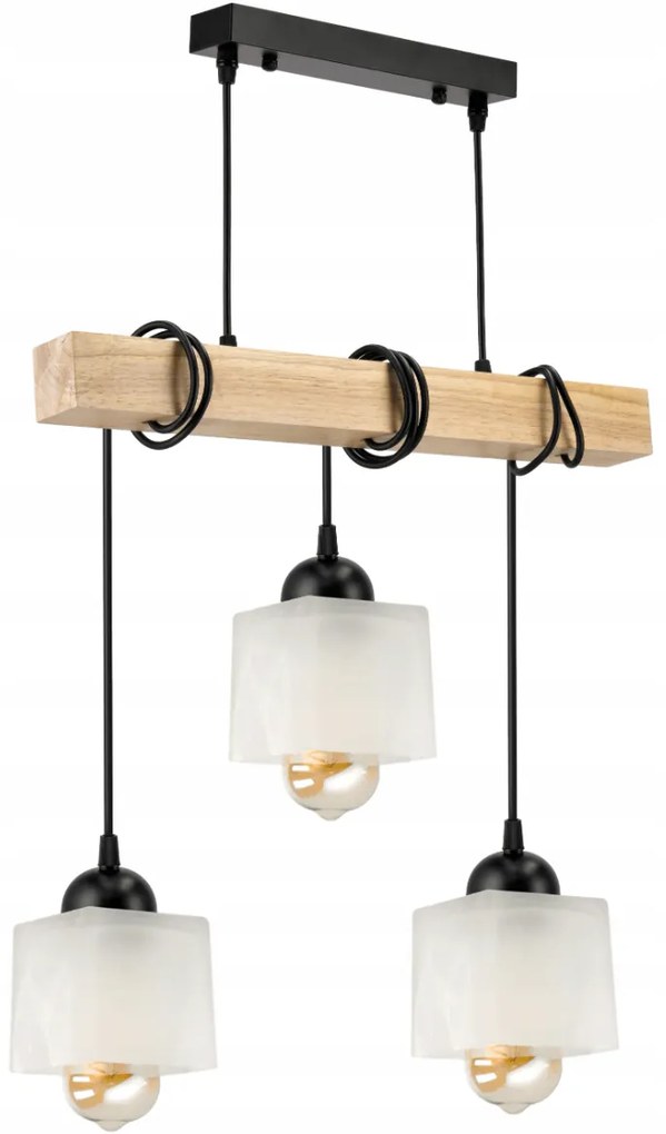 BERGE LED závesné stropné svietidlo, drevený trám, 3xE27, loft, mliečna kocka