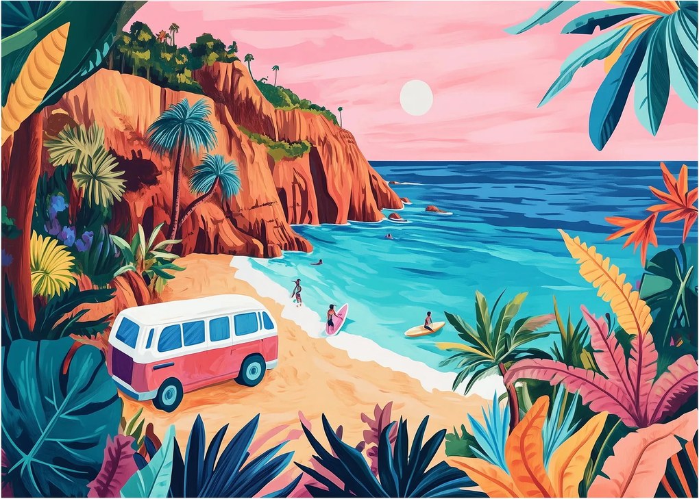 Sklenený obraz - Karavan pri oceáne (70x50 cm)