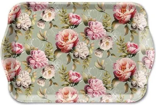 Zelená melamínová tácka s pivonkami Peonies - 13*21 cm