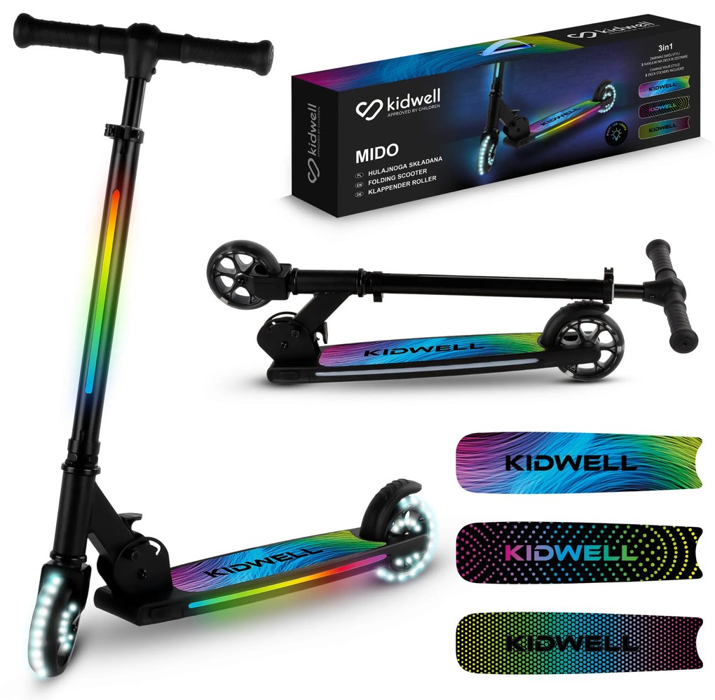 Kidwell Skladacia detská kolobežka MIDO s LED osvetlením, 120 mm kolesá, ABEC-7