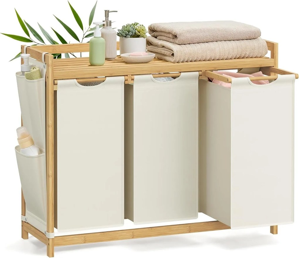 Prádlový kôš s 3 priehradkami, 3 x 50 l, 94 x 33 x 78 cm, krémová biela