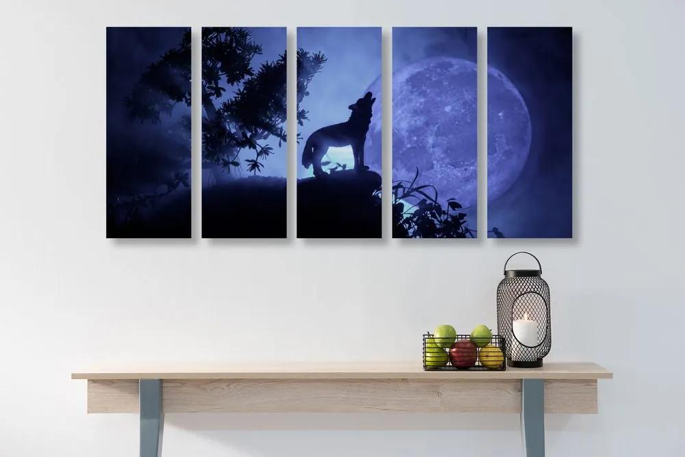 5-dielny obraz vlk vyjúci na mesiac