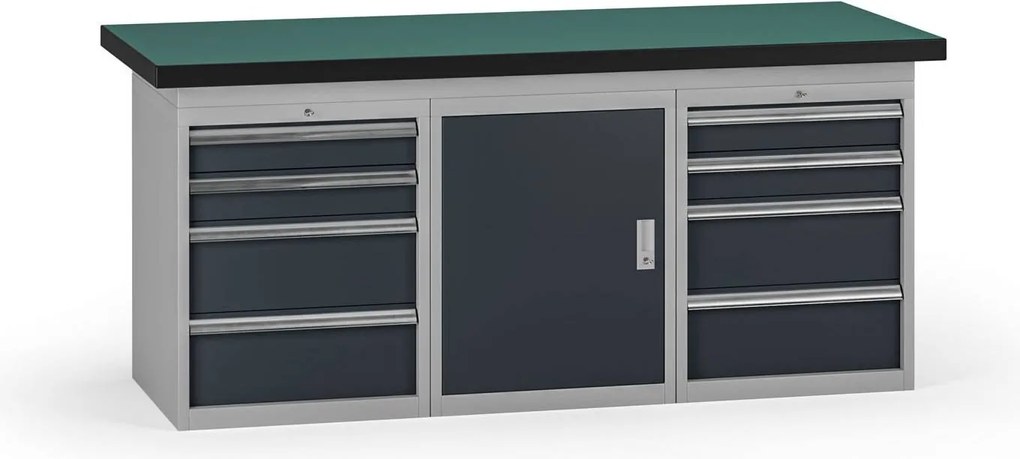 Pracovní stůl do dílny, 1800 x 750 x 800 mm, 1x skříňka, 2x kontejner, 8 zásuvek, grafit