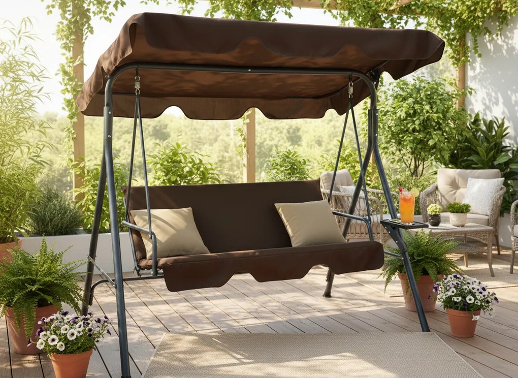 CH ZÁHRADNÁ HOJDAČKA TYPU A 170 x 118 x 153 cm HNEDÁ S BEŽOVÝMI VANKÚŠIKMI A DRŽIAKMI NA POHÁRE