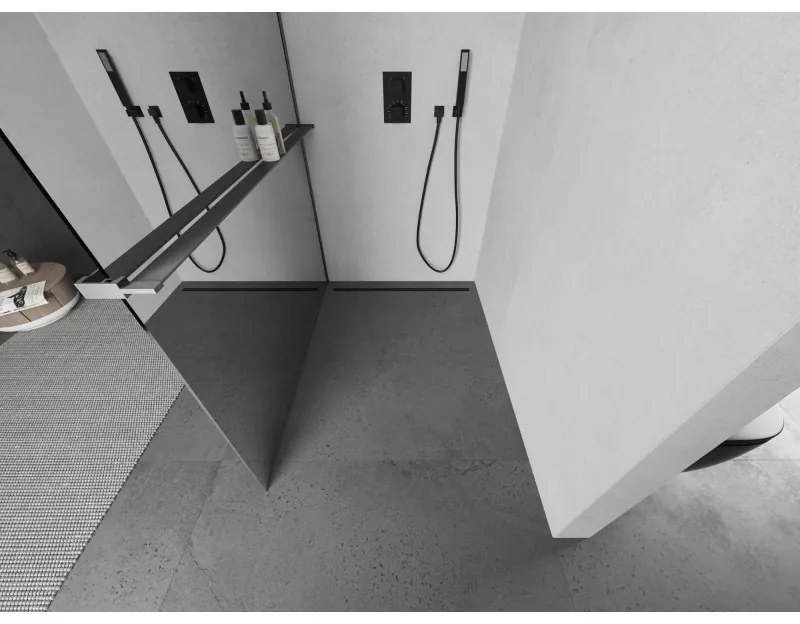 Mexen Kioto+ L, sprchová zástena Walk-In s poličkou a vešiakom 110 x 200 cm, 8mm sklo vzor zrkadlo, grafitový profil, 800-110-123-95-50