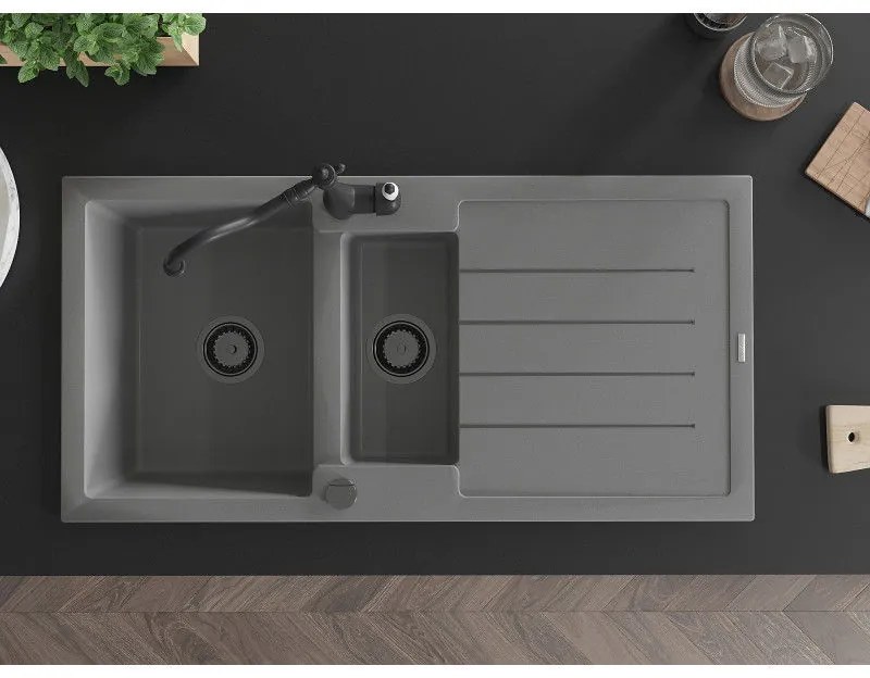 Mexen Andres, granitový drez 1000x500x200 mm, 1,5-komorový a drezová batéria Carla, šedá, 6515-71-670700-70-B