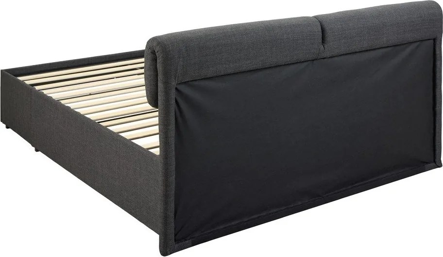 Tmavosivá čalúnená dvojlôžková posteľ s úložným priestorom s roštom 160x200 cm Calvi – Actona
