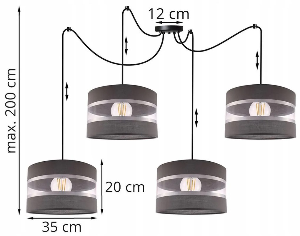 Závesné svietidlo Elegance spider, 4x textilné tienidlo (mix 3 farieb), (výber z 2 farieb konštrukcie), (fi 35cm)
