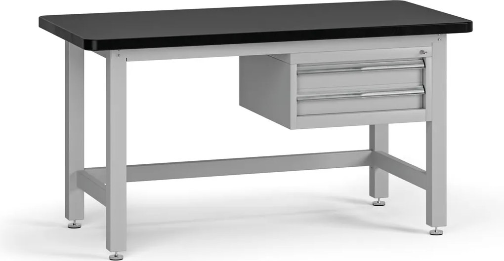 Pracovný stôl do dielne G4 so závesným boxom na náradie, MDF + PVC doska, 2 zásuvky, 1500 x 750 x 800 mm, sivá