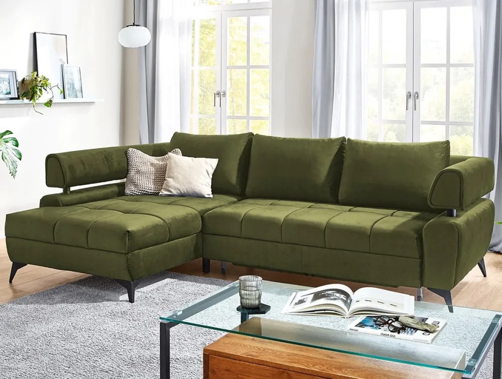 Rohová sedacia súprava Paris, machová zelená látka, ľavý roh