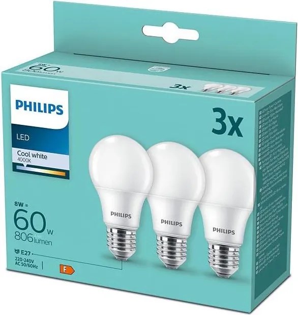 SADA 3x LED Žiarovka Philips A60 E27/8W/230V 4000K