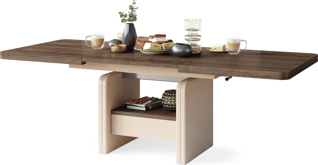 Konferenčný stolík LEXUS, rozkladací, s funkciou zdvíhania dosky, hnedý dub / béžový