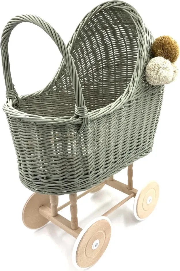 Prútený vysoký kočík pre bábiky olivová