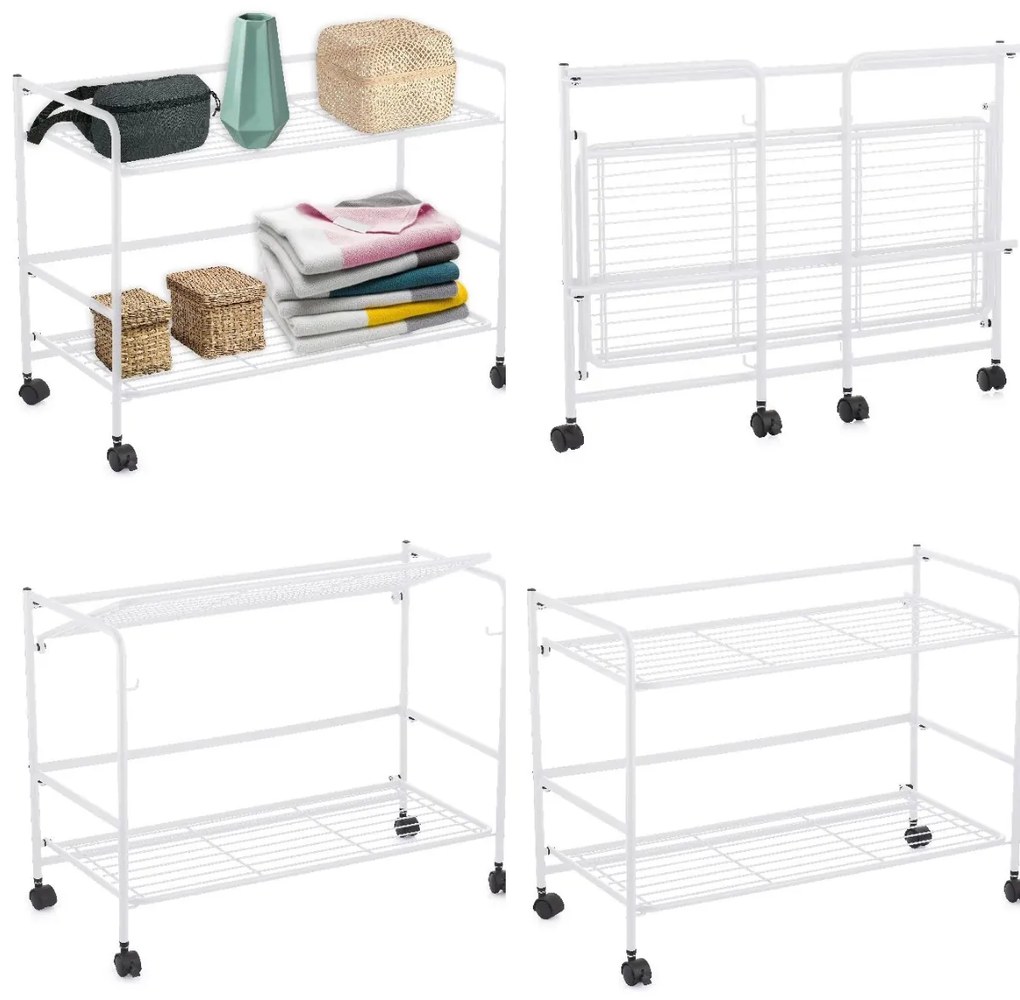 CONFORTIME 2. akosť - Pojazdný regál, skladacia polica 2 poschodová XXL - 67 x 30 x 45 cm - biela