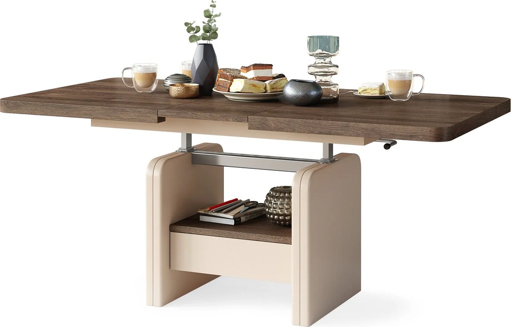 Konferenčný stolík LEXUS, rozkladací, s funkciou zdvíhania dosky, hnedý dub / béžový