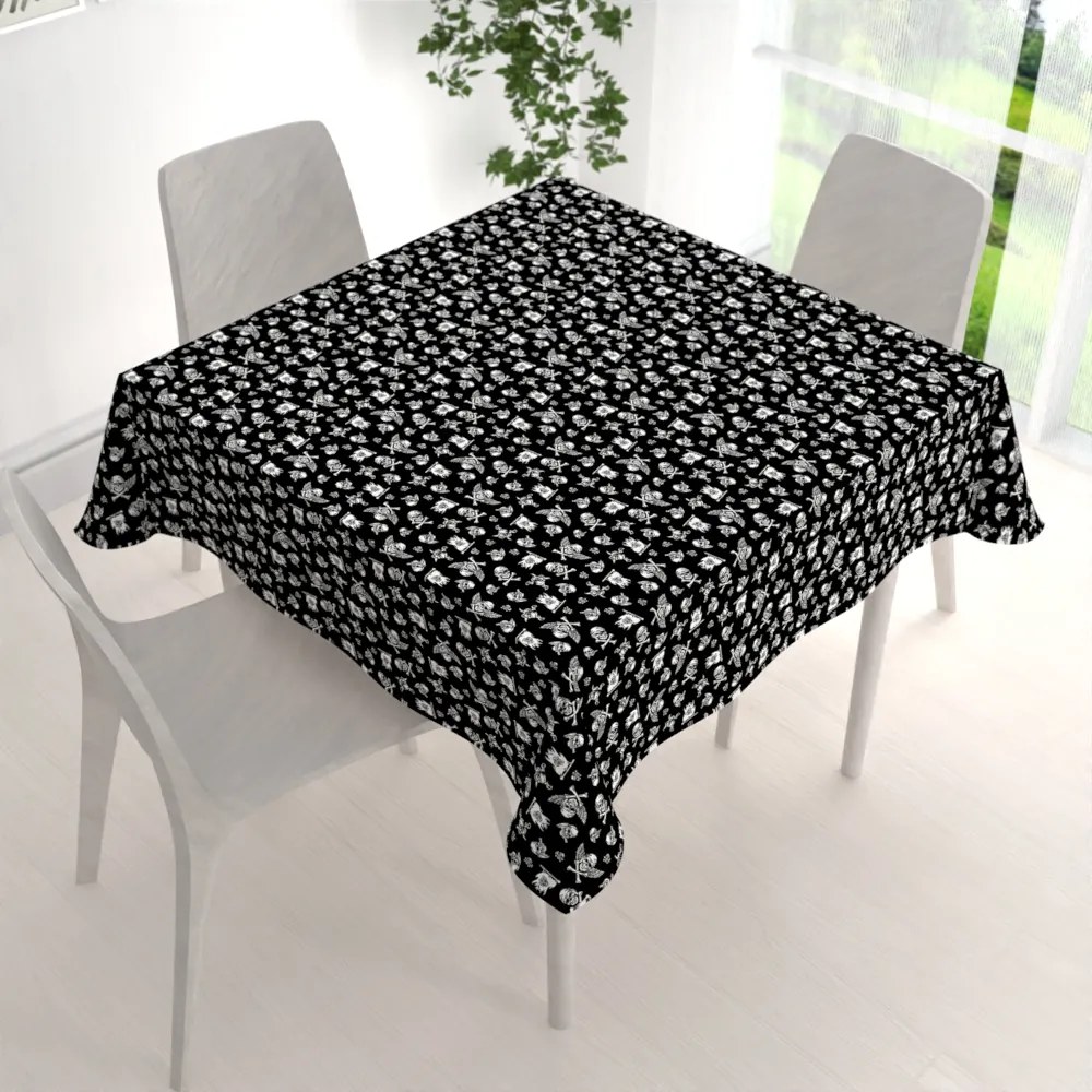 Biante Detský bavlnený štvorcový obrus Sandra SA-104 Biele pirátske lebky na čiernom 140x140 cm